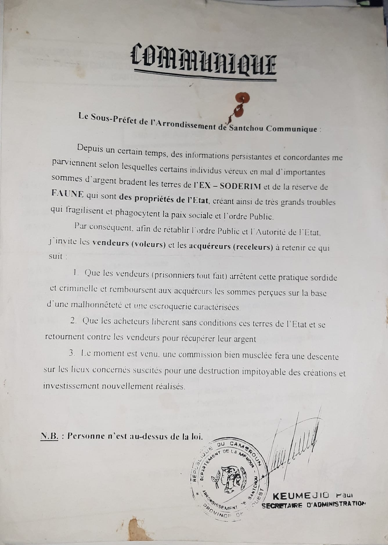 Communiqué du sous-préfet (sans date)