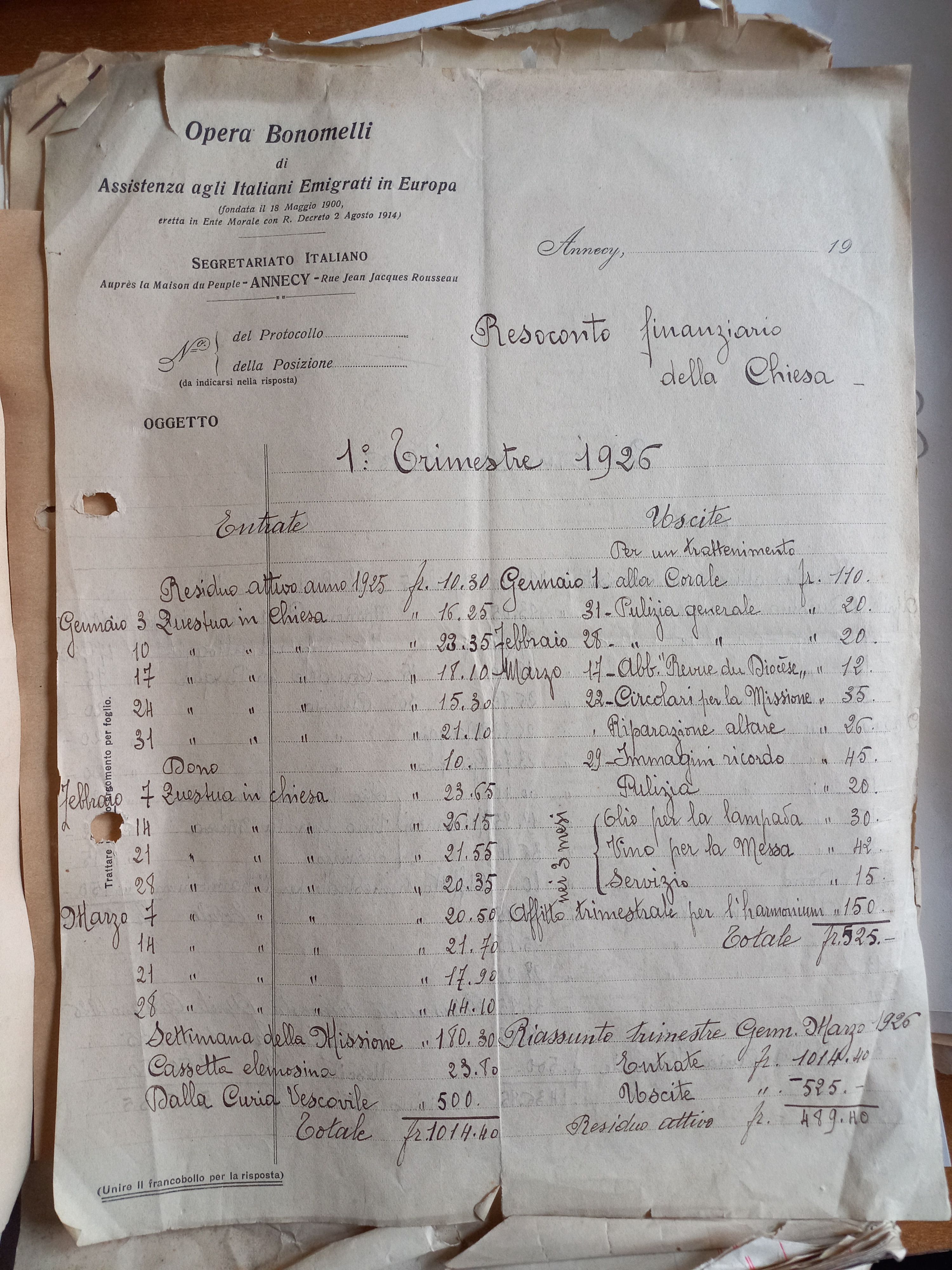 Tableau relevant le nombre d'ouvriers italiens travaillant sur le chantier, ils sont classés par métier exercé. Sur les pages suivantes, les frais associés.
